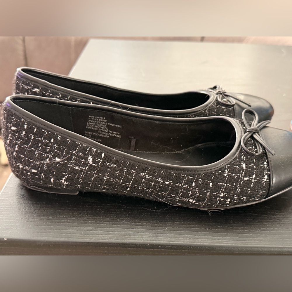 J. Crew Black Tweed Ballet Flats with Leather Cap and Bow